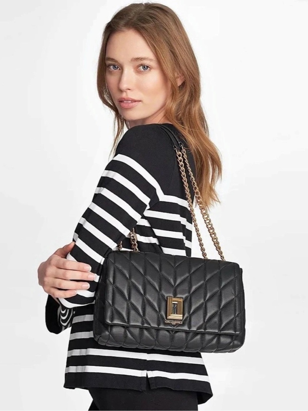 Karl Lagerfeld Black Quilted Shoulder Bag with Gold Chain